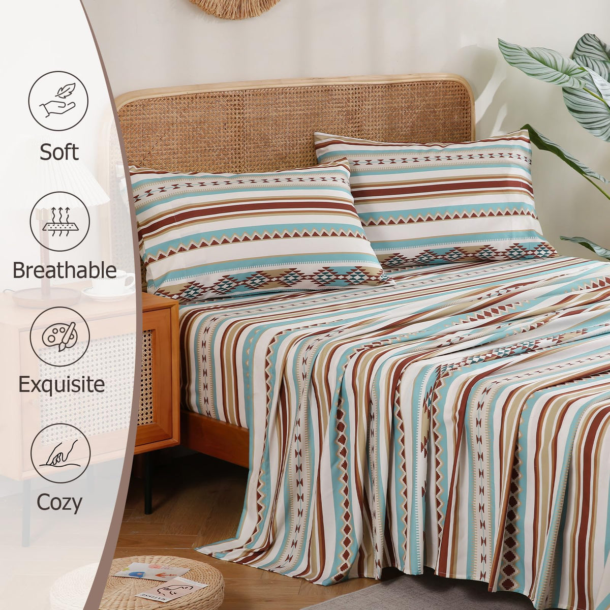 CozySmile 4 Pieces Queen Sheet Set Bohemian, Boho Sheets Soft Microfiber Deep Pocket, Western Sheets Geometric(Queen, Colorful Striped)