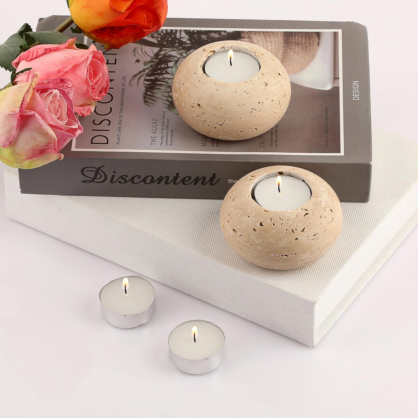 OwnMy 2PCS Travertine Candle Holders Decorative Stone Tealight Candle Holders Set, Elegant Travertine Votive Candle Stands for Dining Table Centerpieces Wedding Home Decors, 4" Dia x 2.2" H