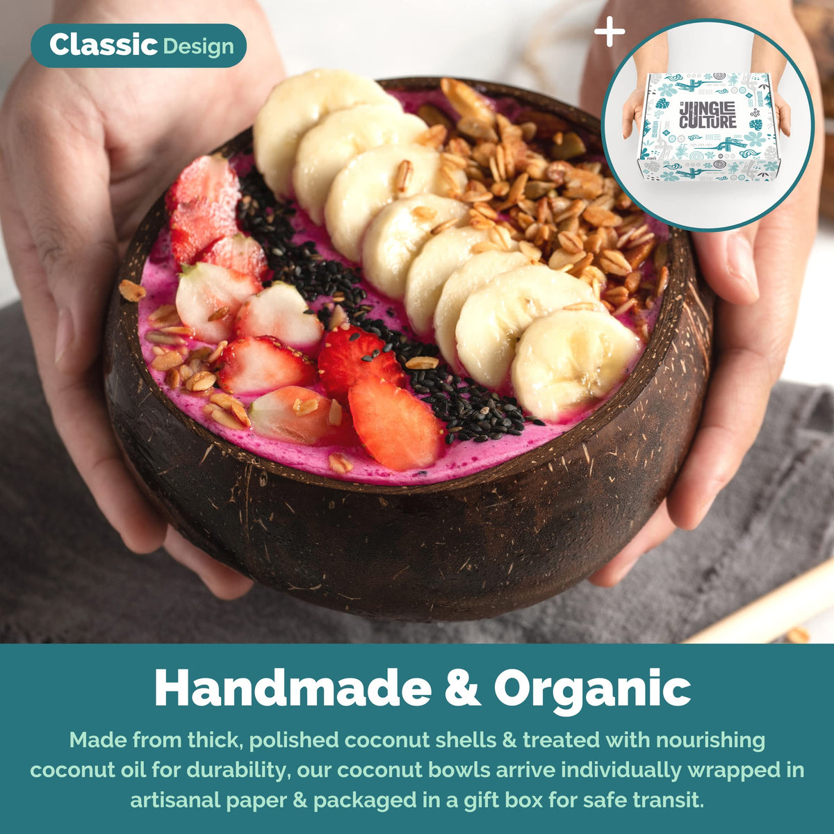 Jungle Culture 2 Polished Coconut Bowl & Wooden Spoons Set with Bamboo Straws • Natural Yoghurt & Smoothie Bowls Ideal for Ninja Creami • Healthy Coco Shell Buddha, Acai • Eco Friendly Vegan Gifts