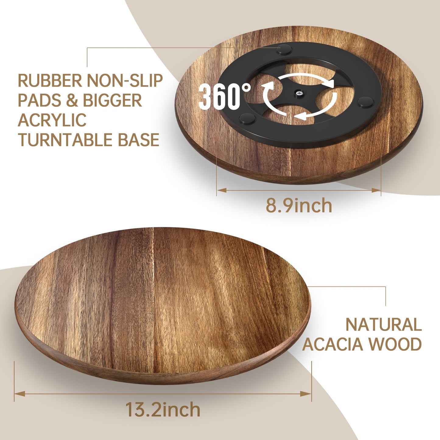 Greatseas Lazy Susan for Table Top Bamboo Lazy Susan Turntable for Cabinet Kitchen Countertop Organizer for Condiment Bathroom Counter Organizer Decor Sink Tray Acacia Wood 13.2 Inch