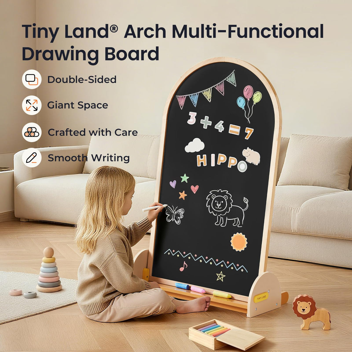 Tiny Land Kids Easel – Large 22"x40.5" Writing Area Double-Sided Magnetic Chalkboard & Whiteboard, Wooden Arch Drawing Board with Stand, Toddler Art Easel with Letters & Animal Magnets