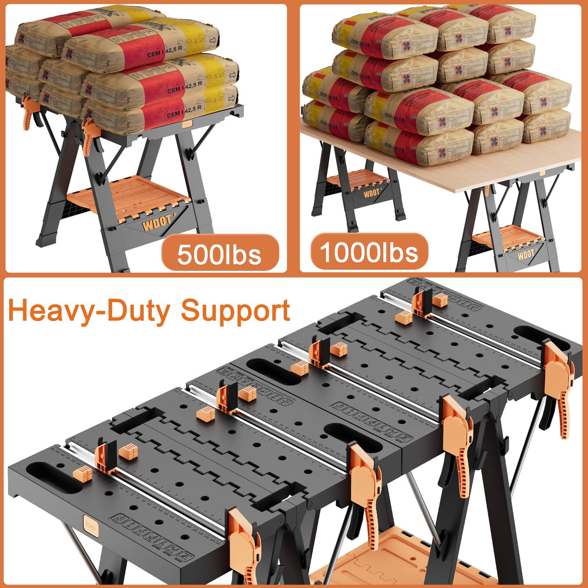WDOT Work Bench Table 2 in 1 Portable Folding Workbench for Garage Sawhorse 500lbs Mobile Work Table 31" W x 25" D x 32" H with 2 Clamps & 6 Bench Dogs