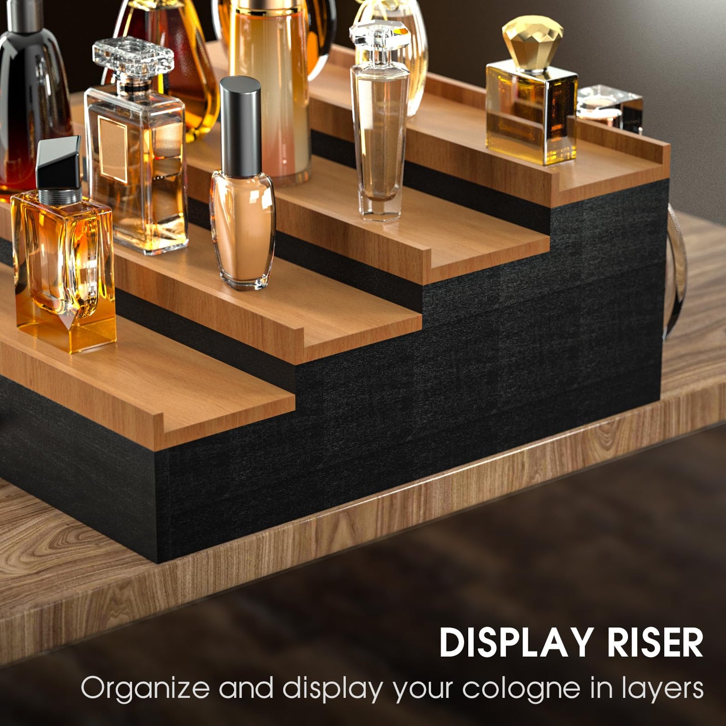 Sephyroth Cologne Organizer for Men 4 Tier of Elevated Cologne Display Shelf with Drawer Storage Perfume Organization and Storage Display Risers,Great Gift for Man(4Tier-BlackWalnut)