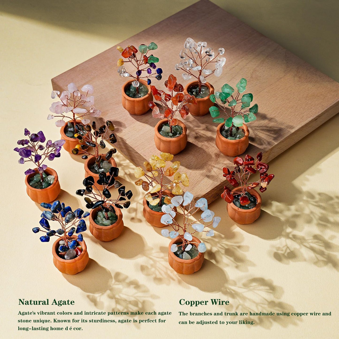 Runyangshi 12pcs Crystal Tree Set Tree of Life Natural Crystal Stones with Bonsai Base Gemstone Trees Fengshui Good Luck Positive Energy Home Decor