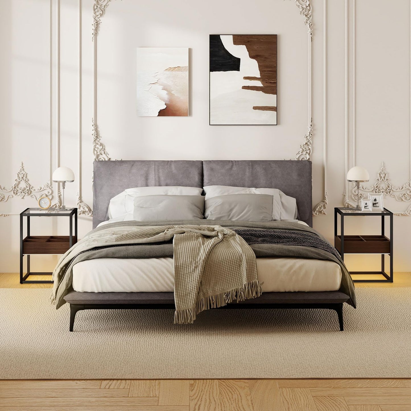 Permory Tempered Glass Top End Table with USB Port, Dimmable Warm Brown-Toned COB Strip Light for Living Room Bedroom