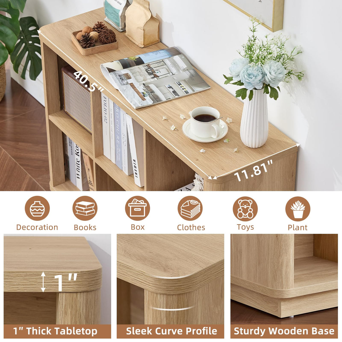 Joaxswe 6 Cube Storage Book Shelf, 40" Wide Low Horizontal Bookcase with Curved Edge, Floor Standing 2-Tier Wooden Bookshelf with Base, Modern Short Book Case for Bedroom, Study, Entryway, Natural Oak