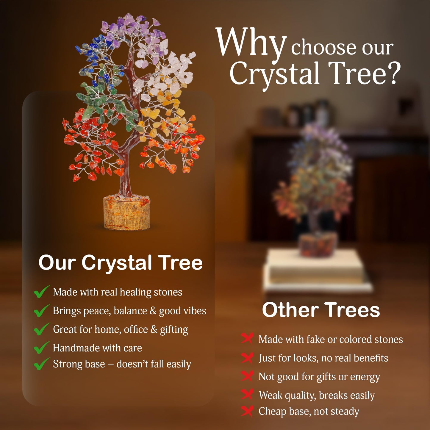 Yatskia Chakra Tree of Life - Crystals and Healing Stones - Feng Shui Decor - Meditation Accessories - Gift for Spiritual People - Handmade Crystal Tree with Seven Natural Chakra Crystals