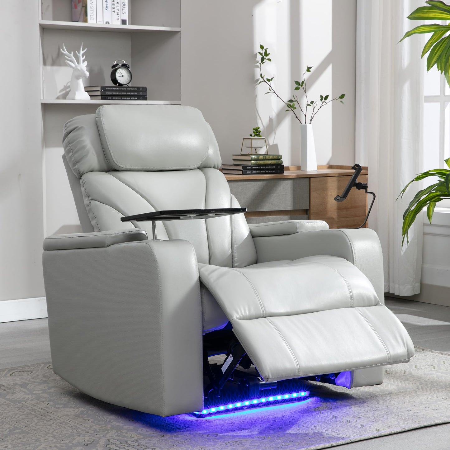 Merax Leather Recliner Chair, Electric Home Theater Seating with Multimedia Audio Armrest, Cup Holders & Storage, Light Grey