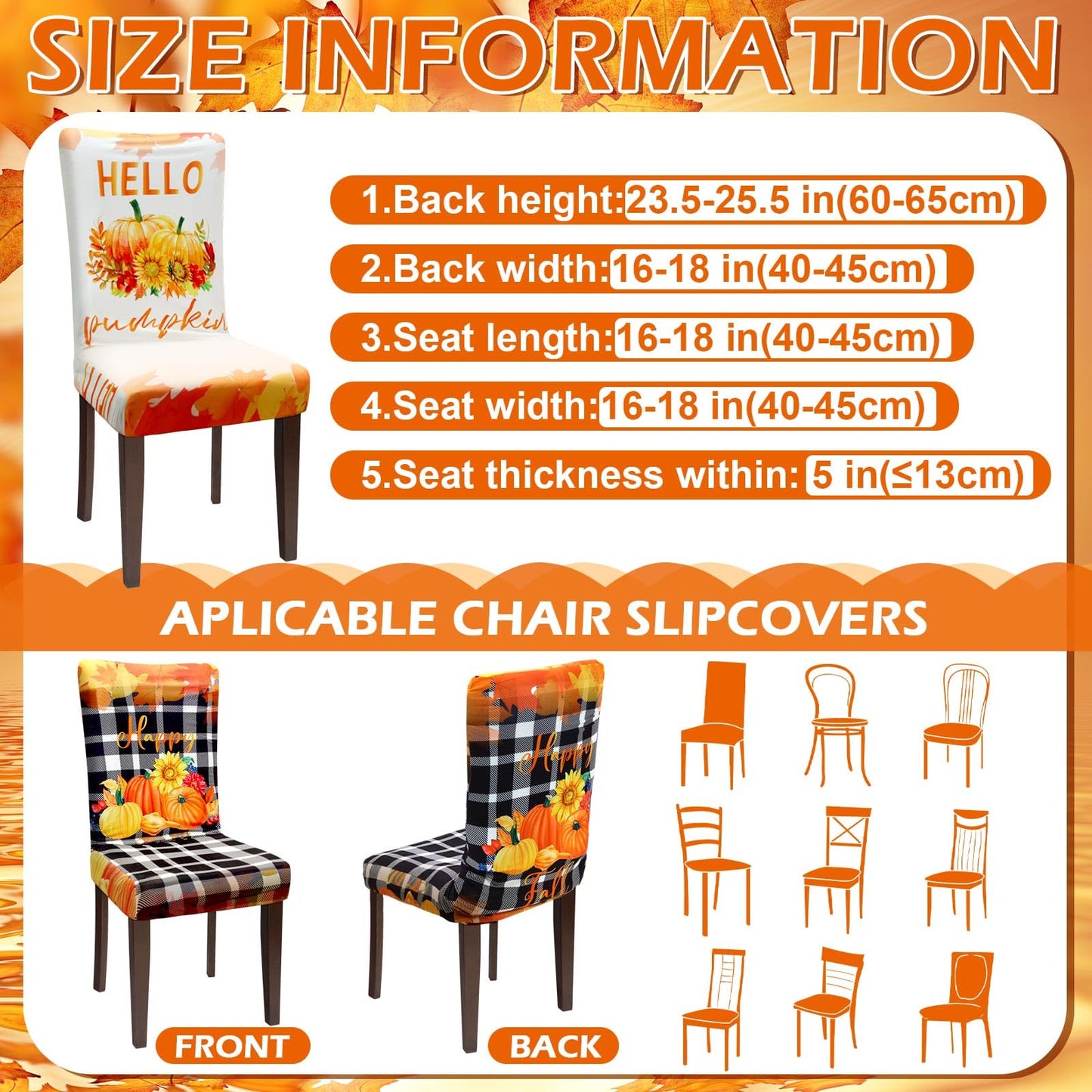 Preboun Fall Chair Covers Set of 6 Thanksgiving Dining Protector Stretch Autumn Pumpkin Truck Maple Leaves Slipcovers Removable Washable for Dining Hotel Party Wedding