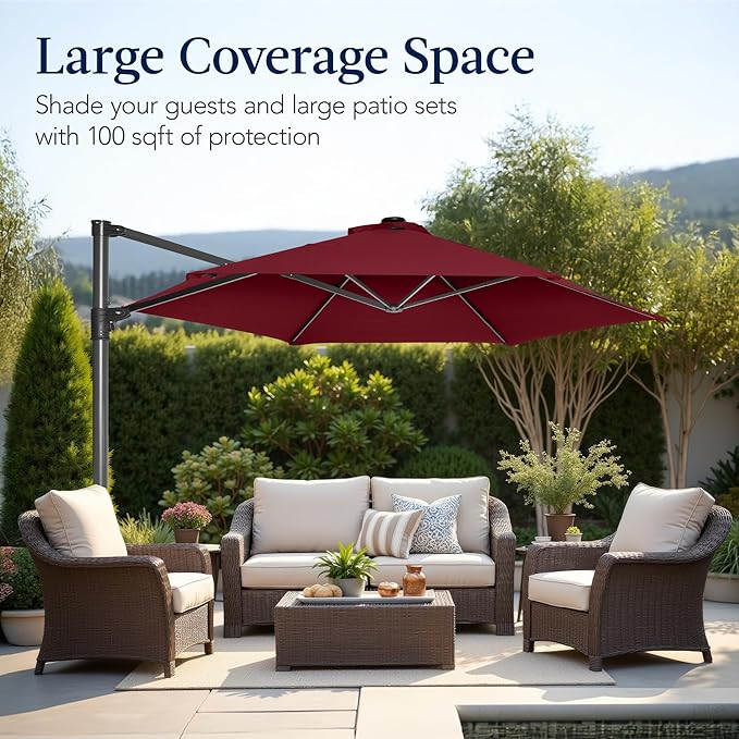 Best Choice Products 10ft Offset Cantilever Hanging Market Patio Umbrella, Smooth 360° Rotation, 8 Sturdy Ribs, Easy Adjustment - Burgundy