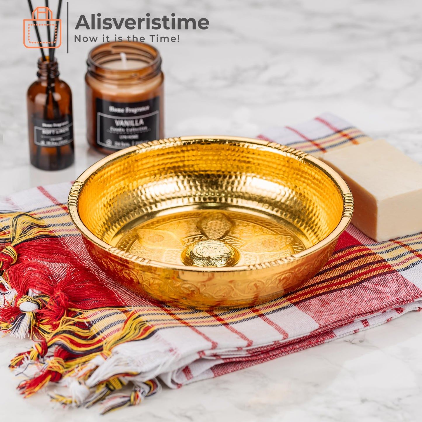 Alisveristime Traditional Turkish Bath Hammam Bowl with Authentic Motifs (440gr (15.50 oz) Made of Zinc (7.87-Inch Diameter) (Gold)
