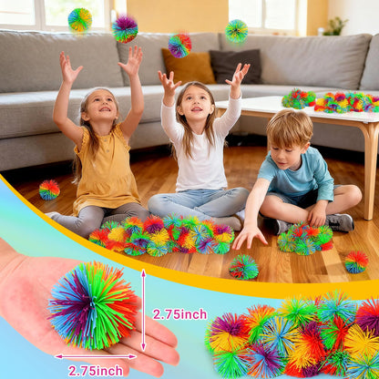 SHQDD 14 PCS Stringy Balls, Sensory Stringy Ball, 2.75 inch Soft Rainbow Pom Bouncy, Basket Stuffers Fillers, Monkey Pom Balls Fidget Toys Stress Ball, Party Favors Birthday Gifts (Multi-Color)