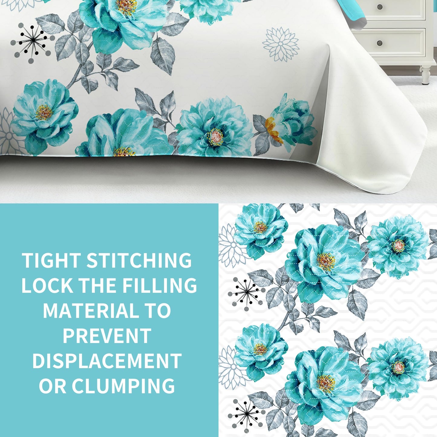 Deepsleep Queen Bedspread Set 9 Pieces, All Season Luxury Bed in a Bag for Bedroom, with 2 Pillowcases and 6 Curtains, Ultra-Soft Microfiber for Complete Bedroom Decor,Queen Size Sapphire Flower