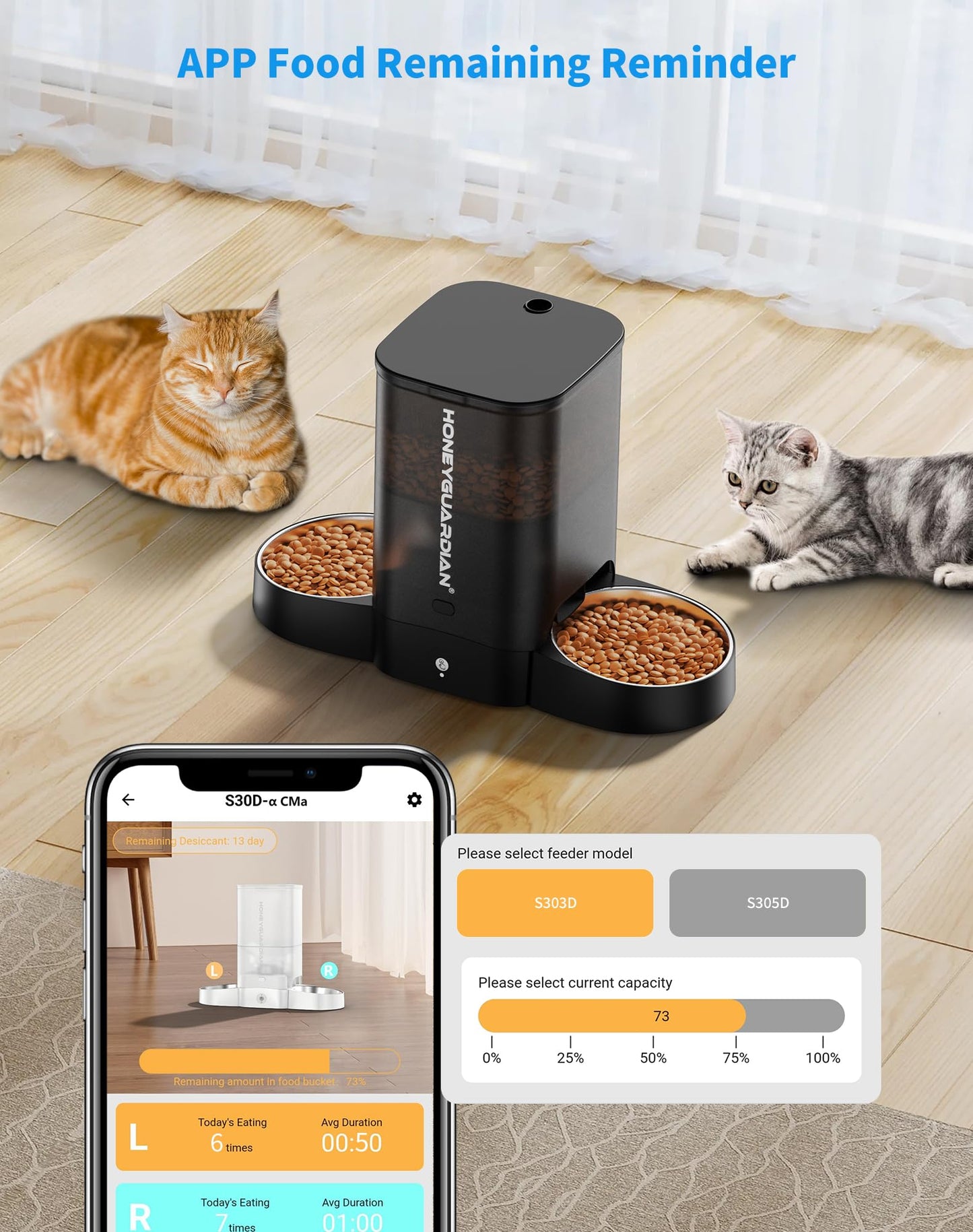 HoneyGuaridan Automatic Cat Feeder, 2.4G WiFi Smart Pet Feeder with APP Control for Remote Feeding, 3.5L Timed Cat Food Dispenser Programmable 1-6 Meals, for 2 Cats & Dogs