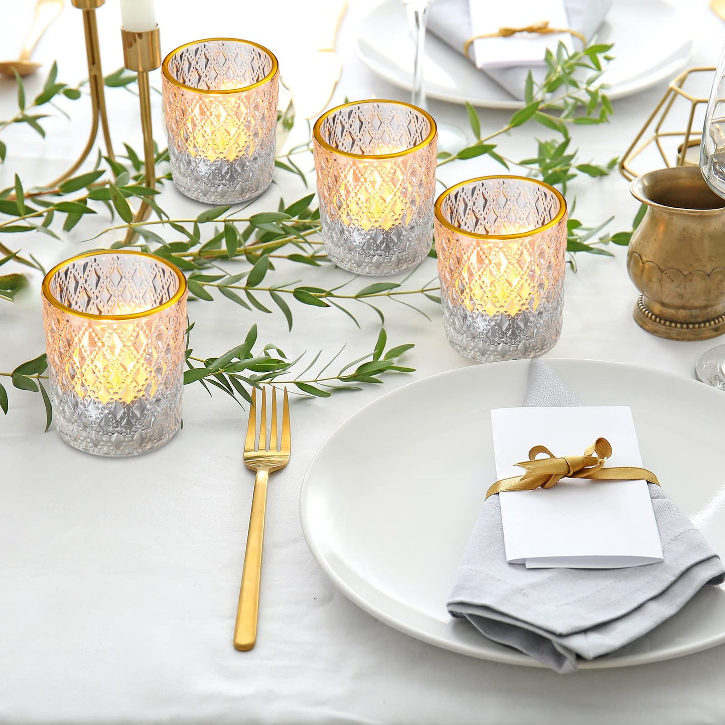 Set of 24 Glass Votive Candle Holders Clear Tealight Candle Holder with Gold Rim Embossed Tealight Holder Tea Light Candle Holders for Table Centerpiece, Wedding, Birthday, Holiday Decoration