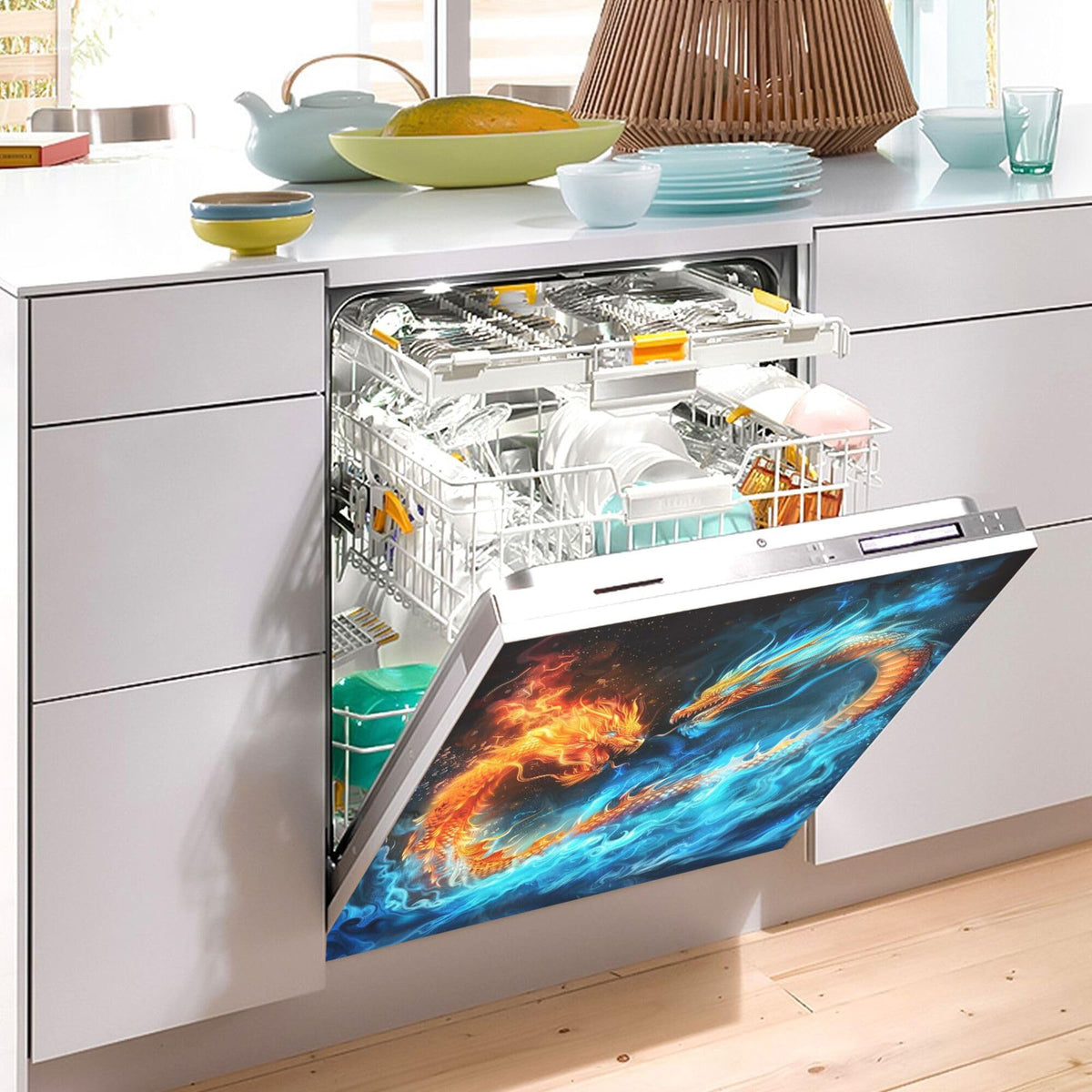 Fire Blue Dragon Dishwasher Stickers Magnetic Cover Thunder Lightning Dinosaur Dino Kitchen Fridge Magnet Covers Decals Home Decorations Vinyl Sticker Reusable 23W x 26H inches