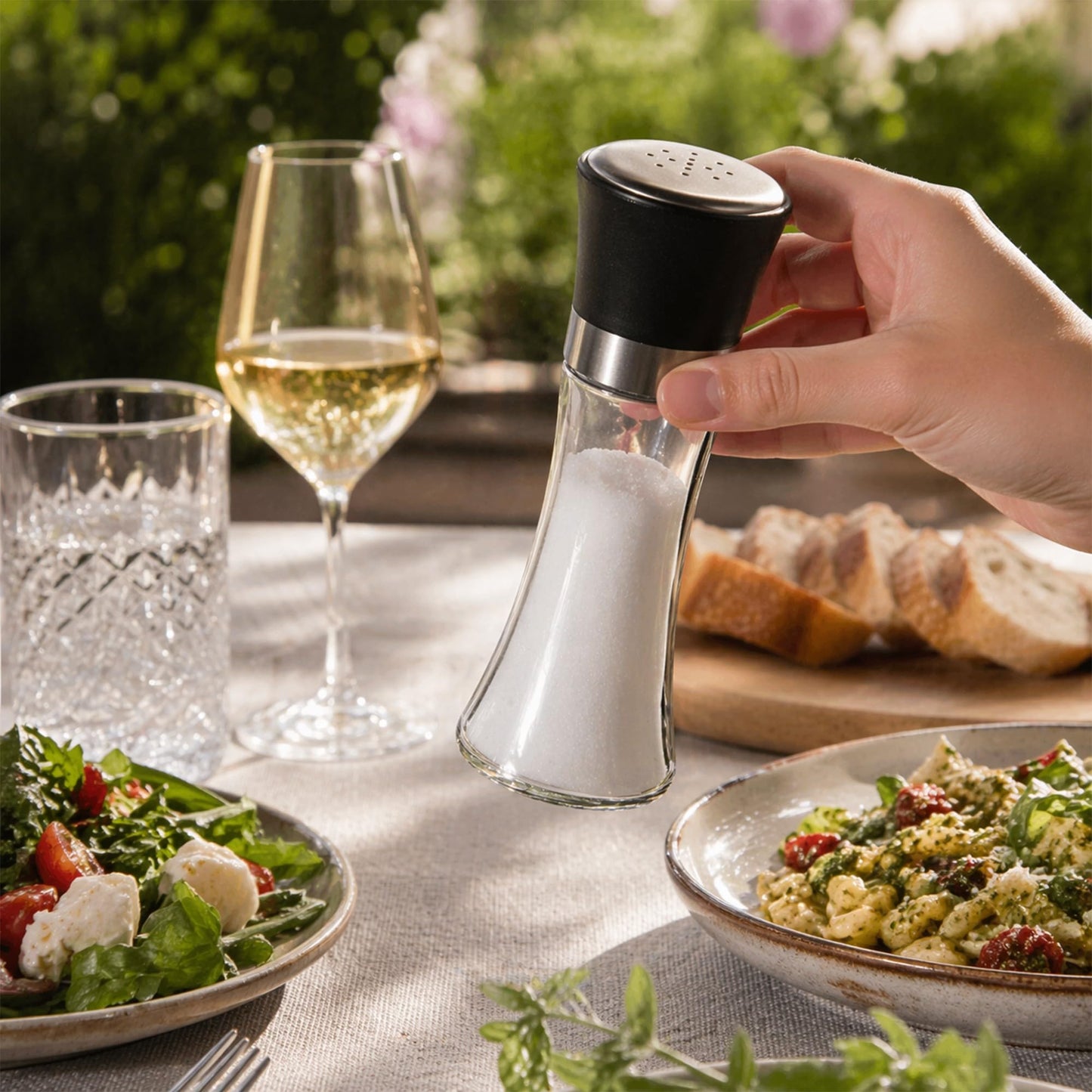 Restaurantware Vetri 6.3 Ounce Pepper Shaker, 1 Salt Shaker - Included Lid Cover, Clear Finish, Glass Spice Shaker, Refillable, Dishwashable