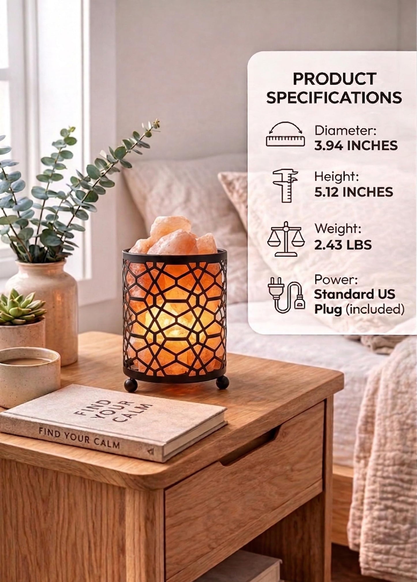 Himalayan Decorative Salt Basket Lamp with Salt Chunks, Natural Pink Salt Rock Lamp, Metal Basket Accent Light with Warm Amber Illumination, Ideal for Home, Offices, Gift (UL & FCC Certified)