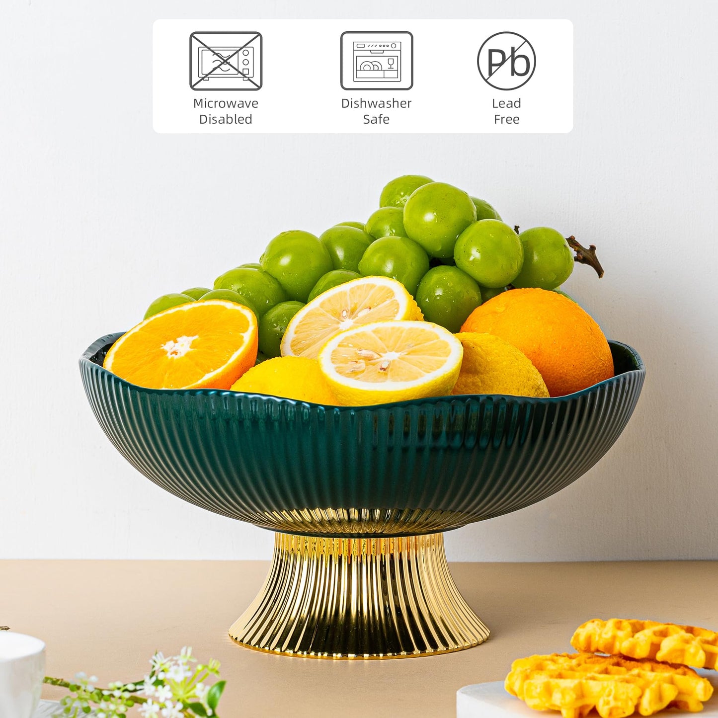 CCATSIX Ceramic Fruit Bowl,10” Pedestal Bowl, Decorated Fruit Tray for Kitchen Counter and Dining Table, Footed Bowls for Afternoon Tea Parties, Bread and Salad Bowl with Golden Feet. (green)