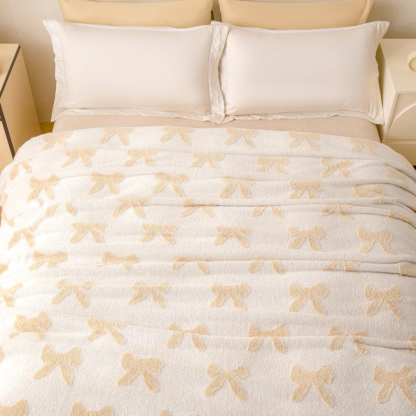 TrellisJoy 380GSM Soft Bow Pattern Throw Blanket, Cozy Warm Lightweight Blanket for Couch Bed Sofa, Flannel Bed Blanket,Decorative Bed Throws for Women, Beige 50" x 60"