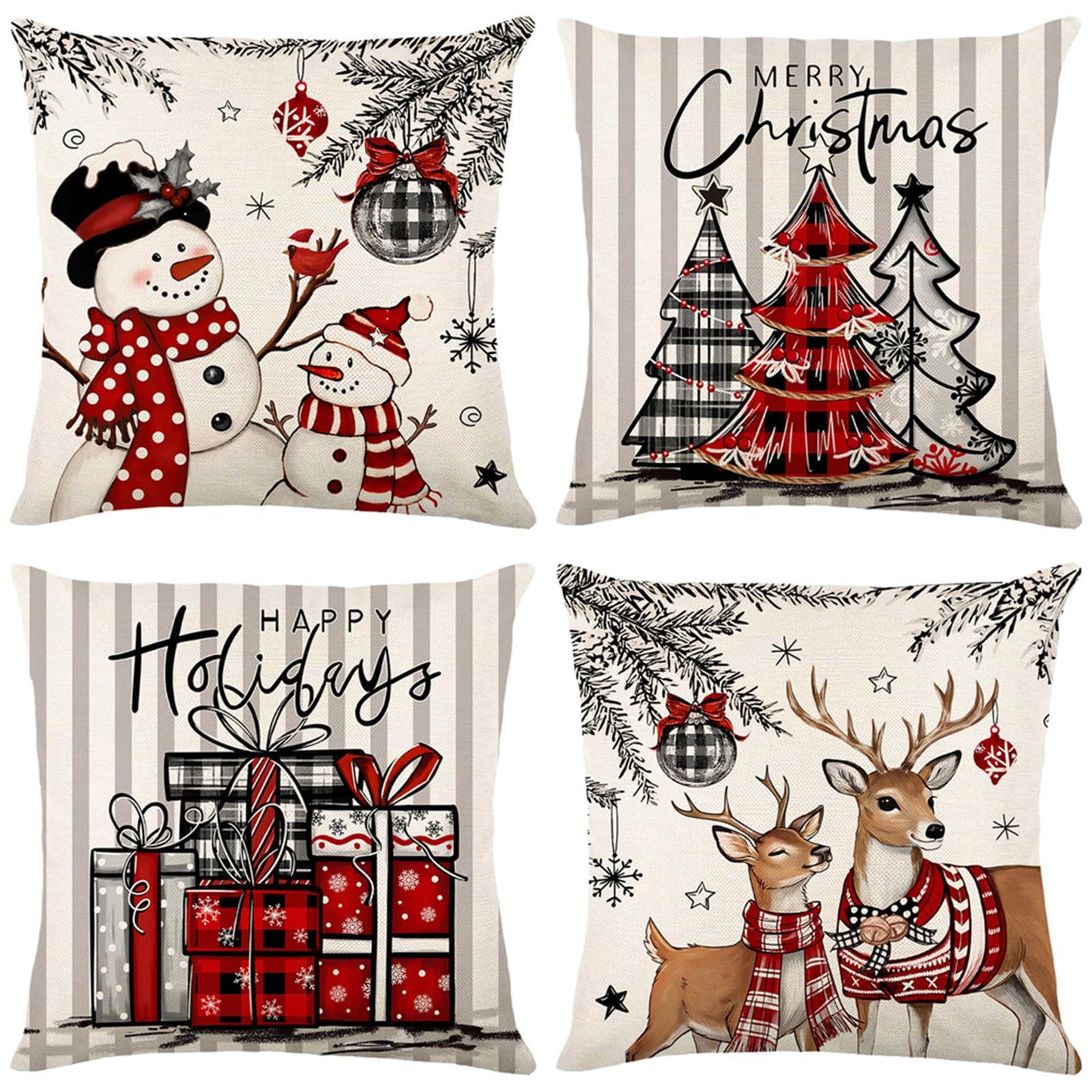 Aursaos Happy Holiday Merry Christmas Plaid Pillow Covers 18x18 Set of 4, Grey Striped Red Buffalo Plaid Snowman Tree Deer Decorative Winter Throw Pillow Case for Couch Sofa Living Room