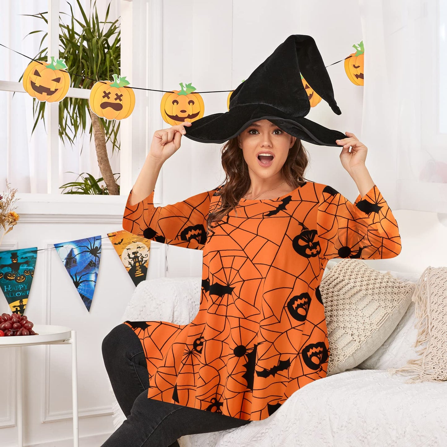 LARACE 3/4 Sleeve Plus Size Tops Halloween Shirts For Womens Pumpkin Tunic Asymmetrical Loose Clothes(Flower58 3X)