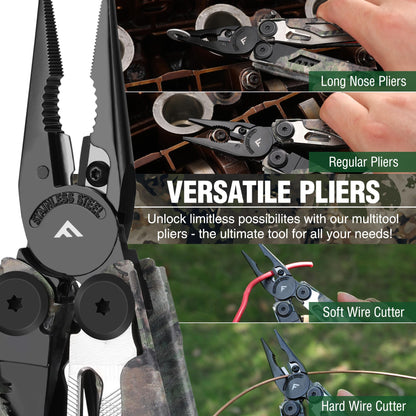 FLISSA Multitool, 18 in 1 Camo Multitool Pliers with Fire Starter, Window Breaker, Whistle, Stainless Steel EDC Gear with Sheath - Perfect for Survival, Simple Repair, Camping