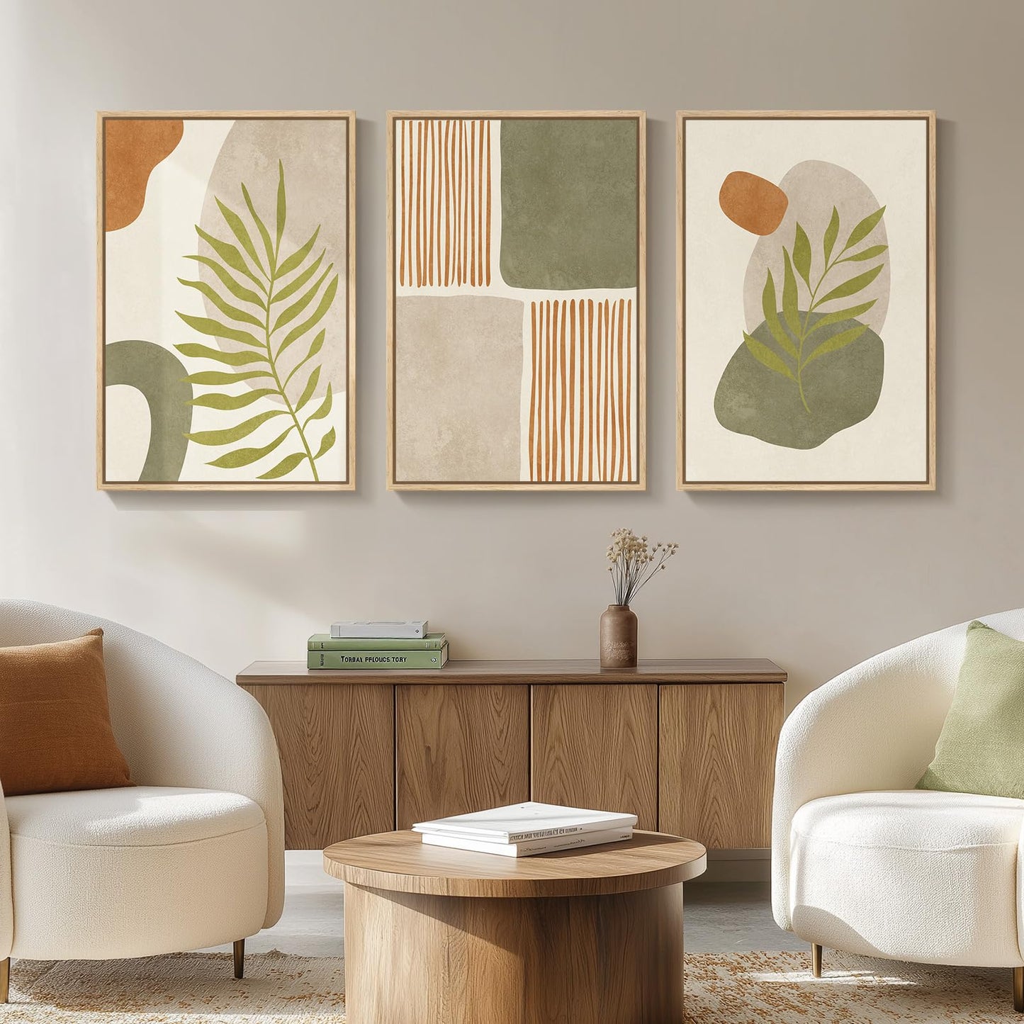 Framed Boho Sage Green Wall Art for Living Room, Large Mid Century Modern Tropical Leaf Canvas Artwork for Walls, 3 Piece Beige Orange Bohemian Wall Art Prints for Bedroom Kitchen Hallway, 16x24 Inch