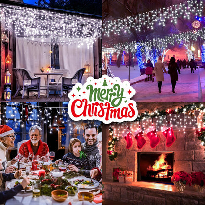 KNONEW Christmas Lights Outdoor Decorations 400 LED 33ft 8 Modes Curtain Fairy String Light with 75 Drops, Clear Wire LED String Light Decor for Wedding Party Holiday Christmas Decorations(Cool White)