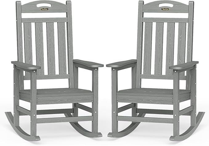 Oversized Outdoor Rocking Chairs Set of 2, High Back Porch Rocker Chair, HDPE Rocking Chairs for Patio, Living Room, Light Grey