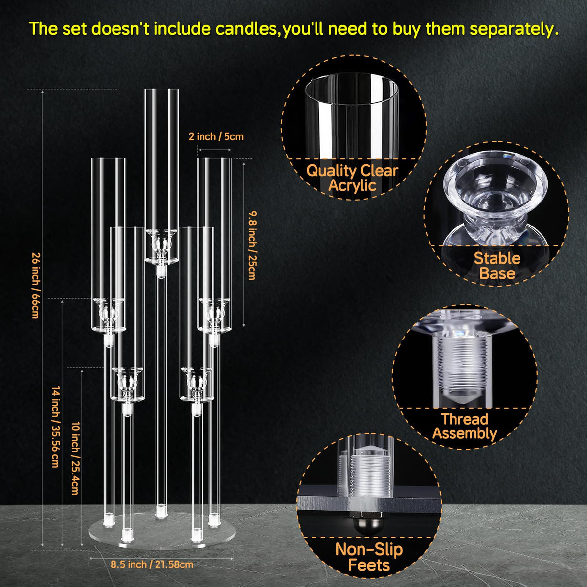 6 Set 26.8'' Tall Acrylic Candelabra Centerpieces for Wedding Table Decorations,Clear 5 Arms Candlesticks Holder with Acrylic Shade for Candlelight Dinner Party Fireplace Gift Fit LED Candle