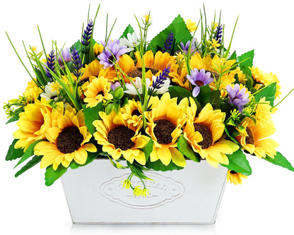 Scawim Pre-made Sunflower Centerpieces for Tables, Farmhouse Artificial Sunflowers Centerpieces in Pot Fake Sunflowers Arrangement for Home Decor, Rustic Potted Greenery for Wedding Party Kitchen Room