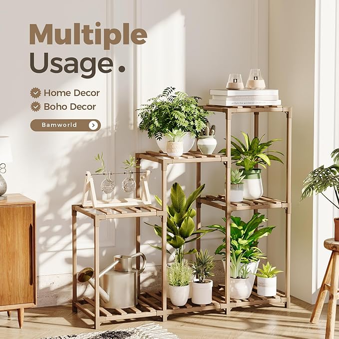 Bamworld Plant Stand Indoor Wood Plant Shelf Outdoor Tiered Plant Rack for Multiple Plants Upgrade 3 Tiers 7 Potted Ladder Plant Holder Plant Table for Mulitiple Pots Boho Decor Home Decor for Window Balcony Living Room Gardening Gifts