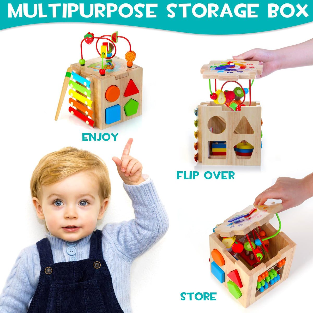 HELLOWOOD 8-in-1 Wooden Activity Cube for Kids, Sorting & Stacking Toys Shape Match Xylophone Montessori Learning Toy STEM Value Pack Gift for Boys Girls Toddlers-Light Pink Packaging
