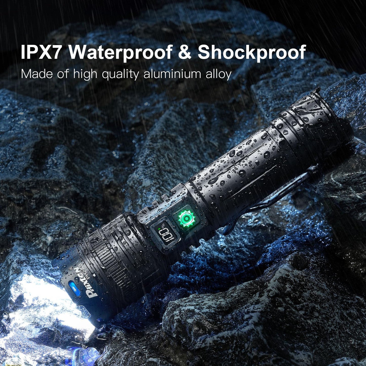 PHIXTON Rechargeable Torch LED Super Bright 1000000 Lumens Single One Mode, Long Distance 1000 Meters Powerful Flashlight Zoomable, Long Lasting 10H Strong Touch, USB C Input Output & Digital Display