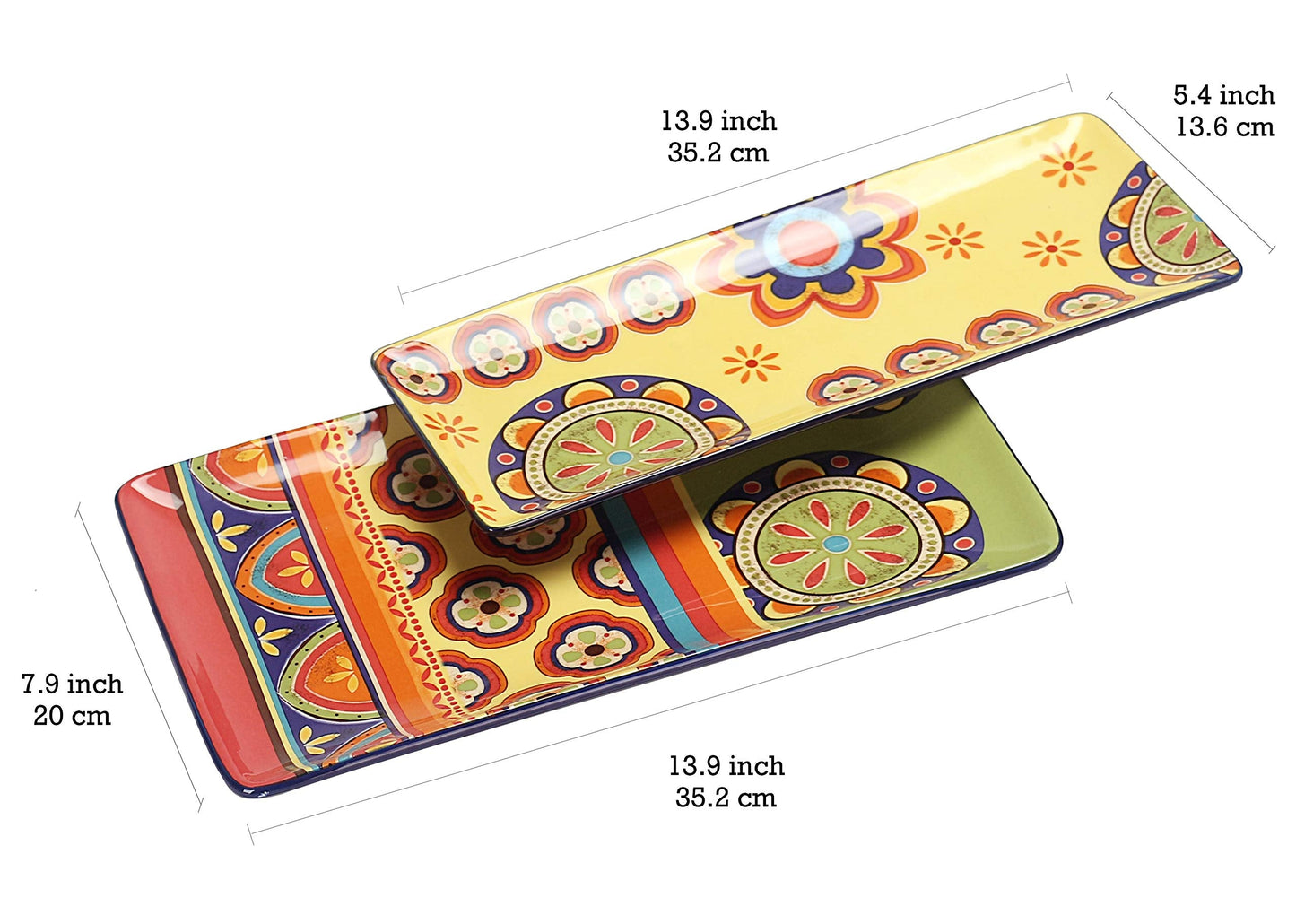 Bico Tunisian Ceramic 14 inch Rectangular Serving Platter, Set of 2, for Serving Salad, Pasta, Cheese, Ham, Appetizer, Microwave & Dishwasher Safe