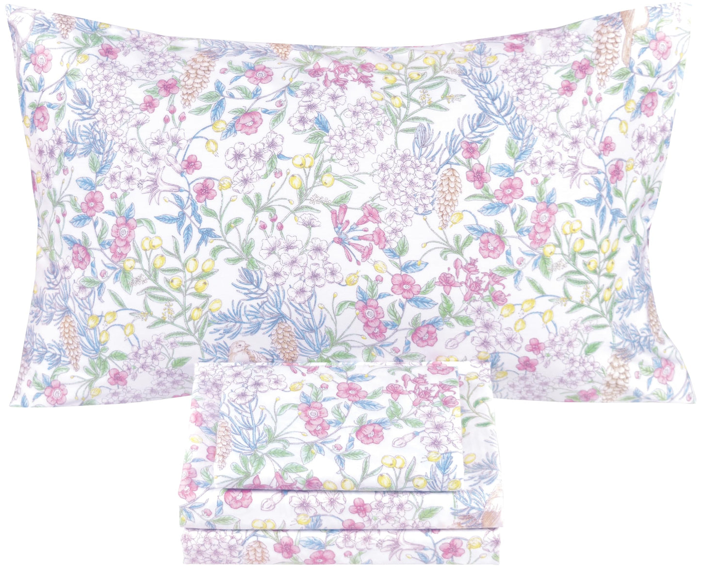 Scientific Sleep Vine Flower Plants Leaves Wild Fruit Bird Vintage Floral 100% Cotton Bed Sheet Set Kids Girls Teen, Flat Sheet & Fitted Sheet & Pillowcase Bedding Set (Botanic Garden, Full)