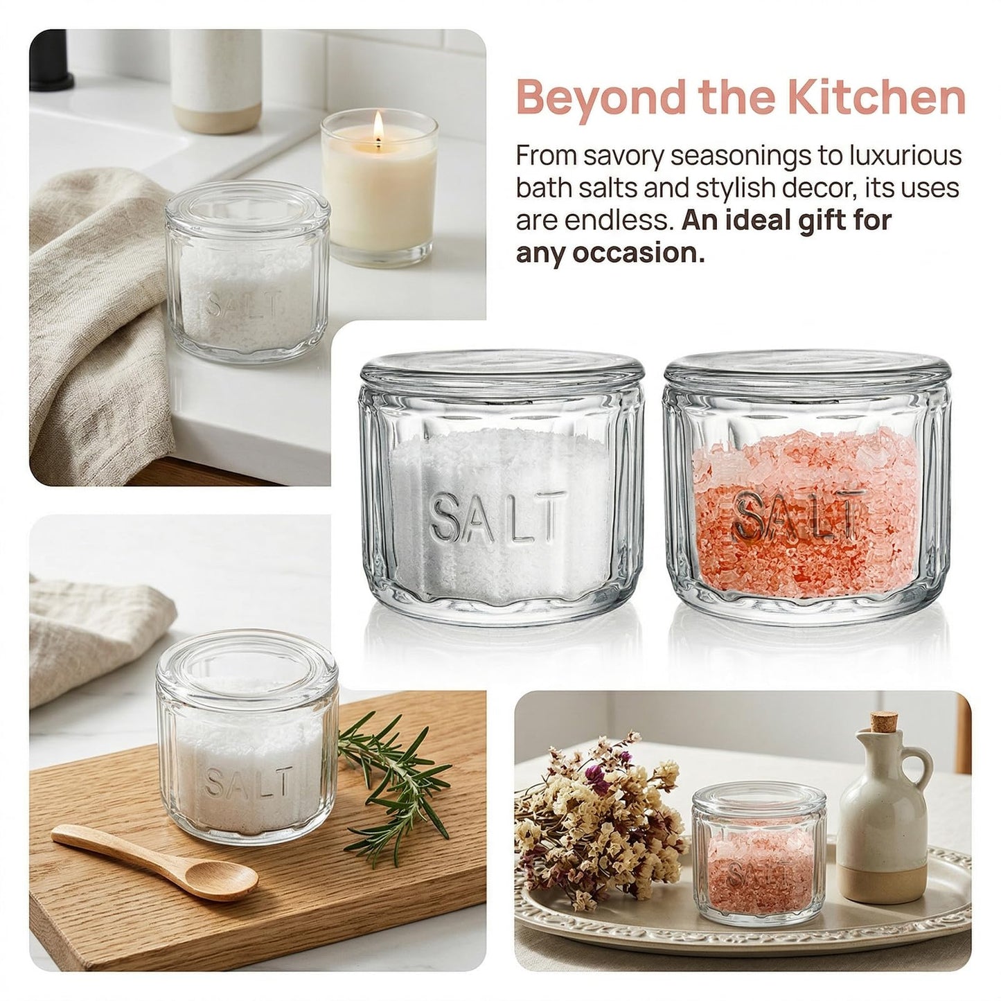 Nicunom 2 Pack Clear Glass Salt Cellar with Lid, Salt Storage Container Salt Box, Retro Style, Kitchen Decor, Wedding Gift, 3.75" D x 3.15" H