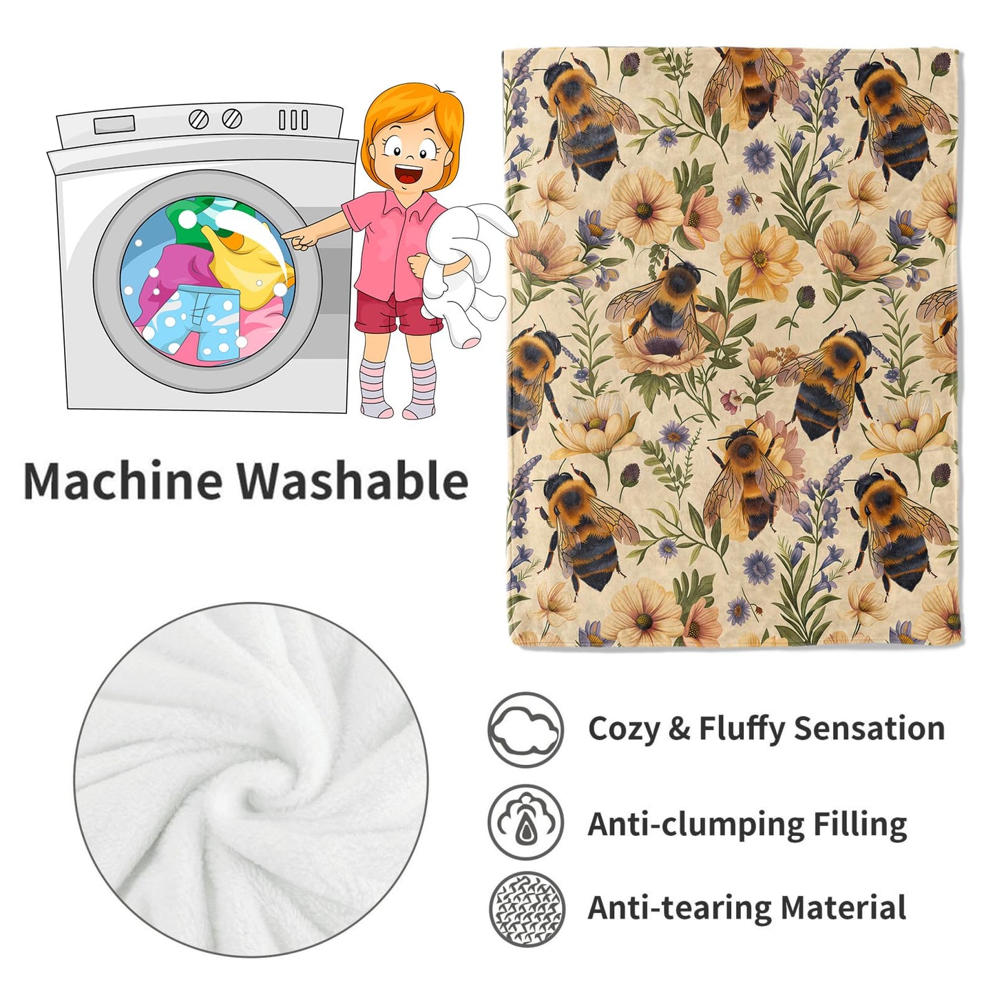 VODRM Bumblebee and Floral Blanket Bee and Wildflower Yellow Throw Blankets Gifts for Girls Boys Adults Lightweight Soft Fleece Cozy for Sofa Couch Bed Room Travel Birthday Decor 50x60in