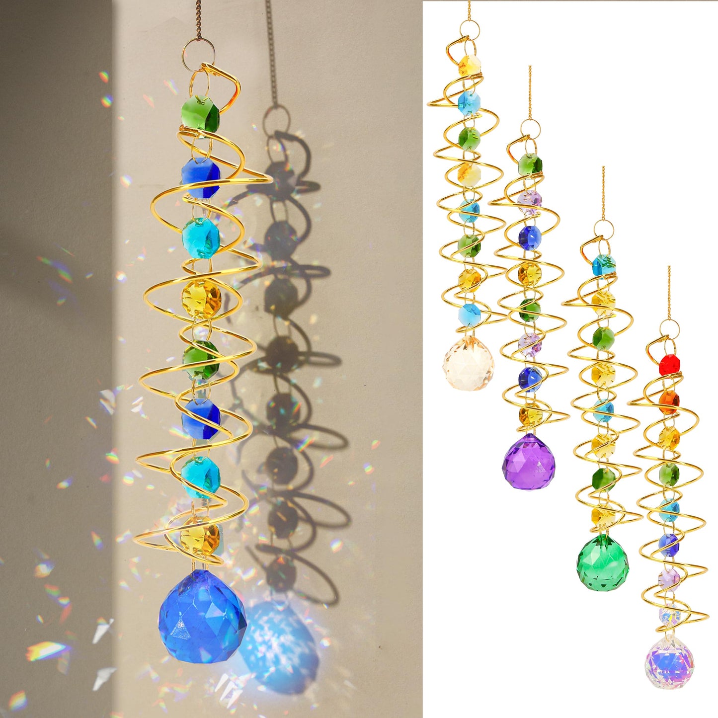 5 Pcs Wind Spinner Tail Gazing Ball Spiral 9'' for Indoor Outdoor Hanging Decor, Rainbow Maker Crystal Chime Sun Catcher w Seven Chakra Beads and Hook Decorative for Window Home Garden Birthday Gift