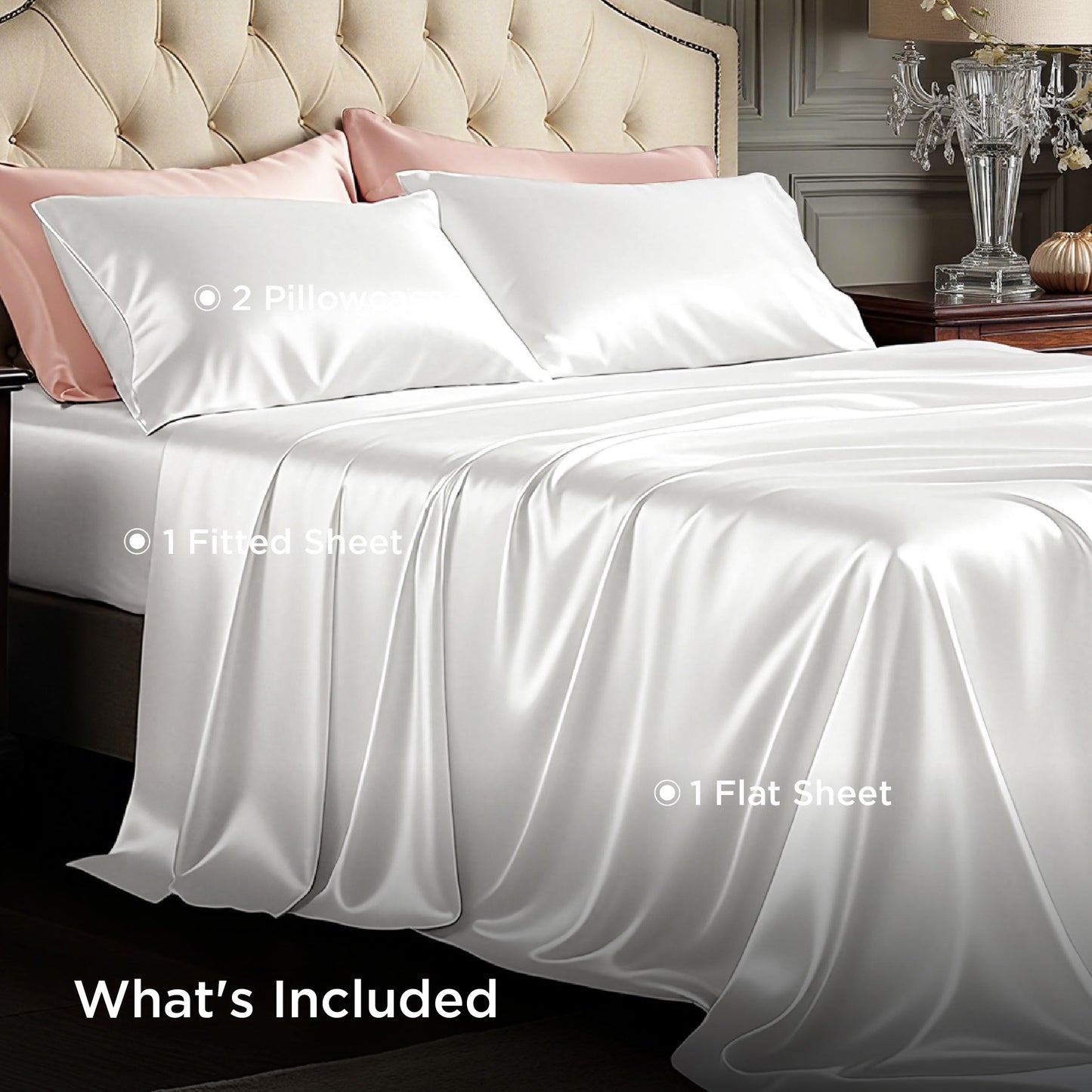 Bedsure White Satin Sheets Full Size - 4 Piece Silky Bedsheets with Elastic Corner Straps and 15 Inches Deep Pocket Fitted Bedsheet,1 Flat Sheet, 2 Satin Pillowcases, Good for Hair & Skin (Full,White)