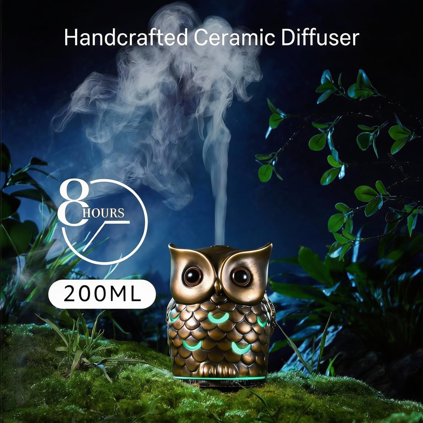 Alieye Ceramic Essential Oil Diffuser, 200ML Handcrafted Ceramic Owl Ultrasonic Cool Mist Aromatherapy Humidifier with 7 Colors LED Waterless Auto Shut Off for Home Office Yoga, Gifts for Mom, Brown