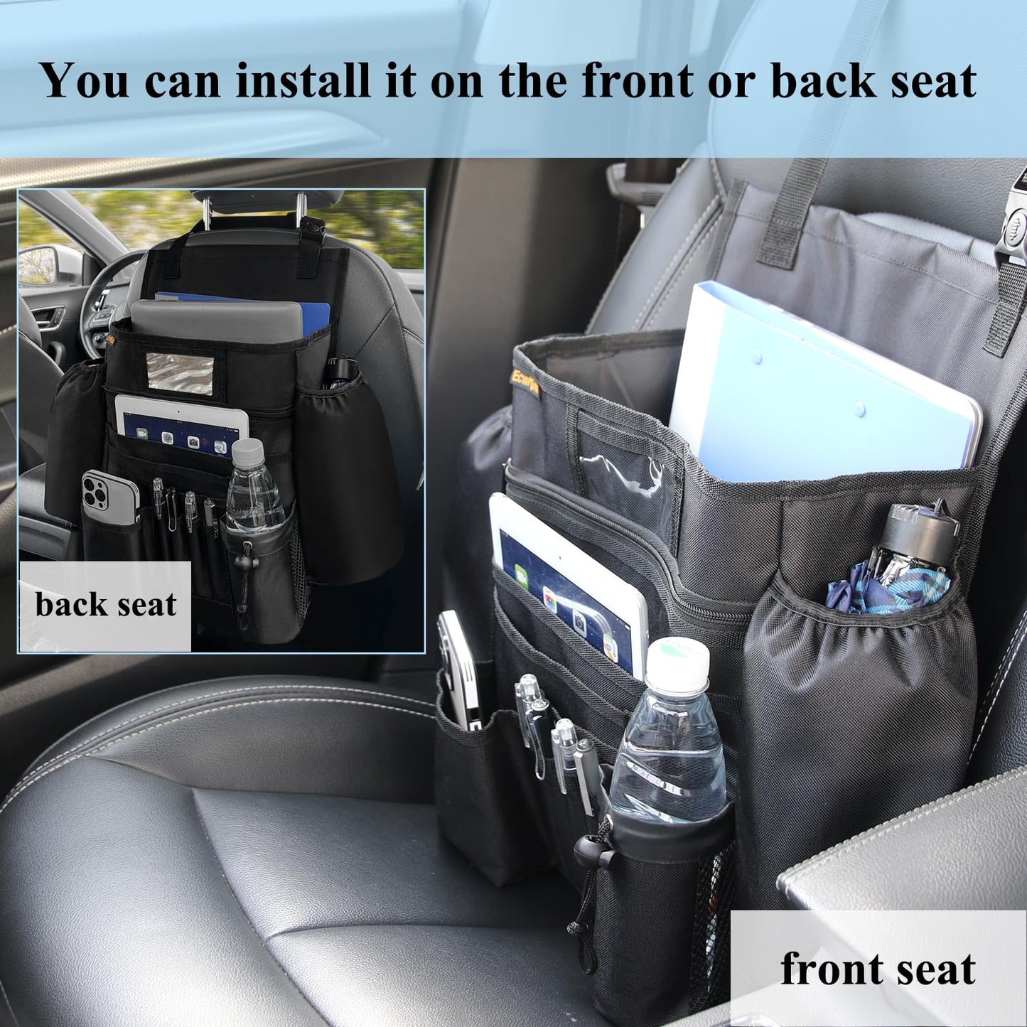 ECWKVN Car Front Seat Organiser -Car File Patrol Bag,Heavy Duty Passenger Tidy Backseat Organiser-Vehicle Storage Bag with 10 Multi Pockets for Laptops Tablet Cup Holder,Black