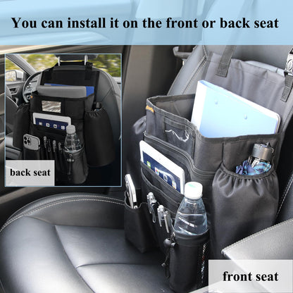 ECWKVN Car Front Seat Organiser -Car File Patrol Bag,Heavy Duty Passenger Tidy Backseat Organiser-Vehicle Storage Bag with 10 Multi Pockets for Laptops Tablet Cup Holder,Black