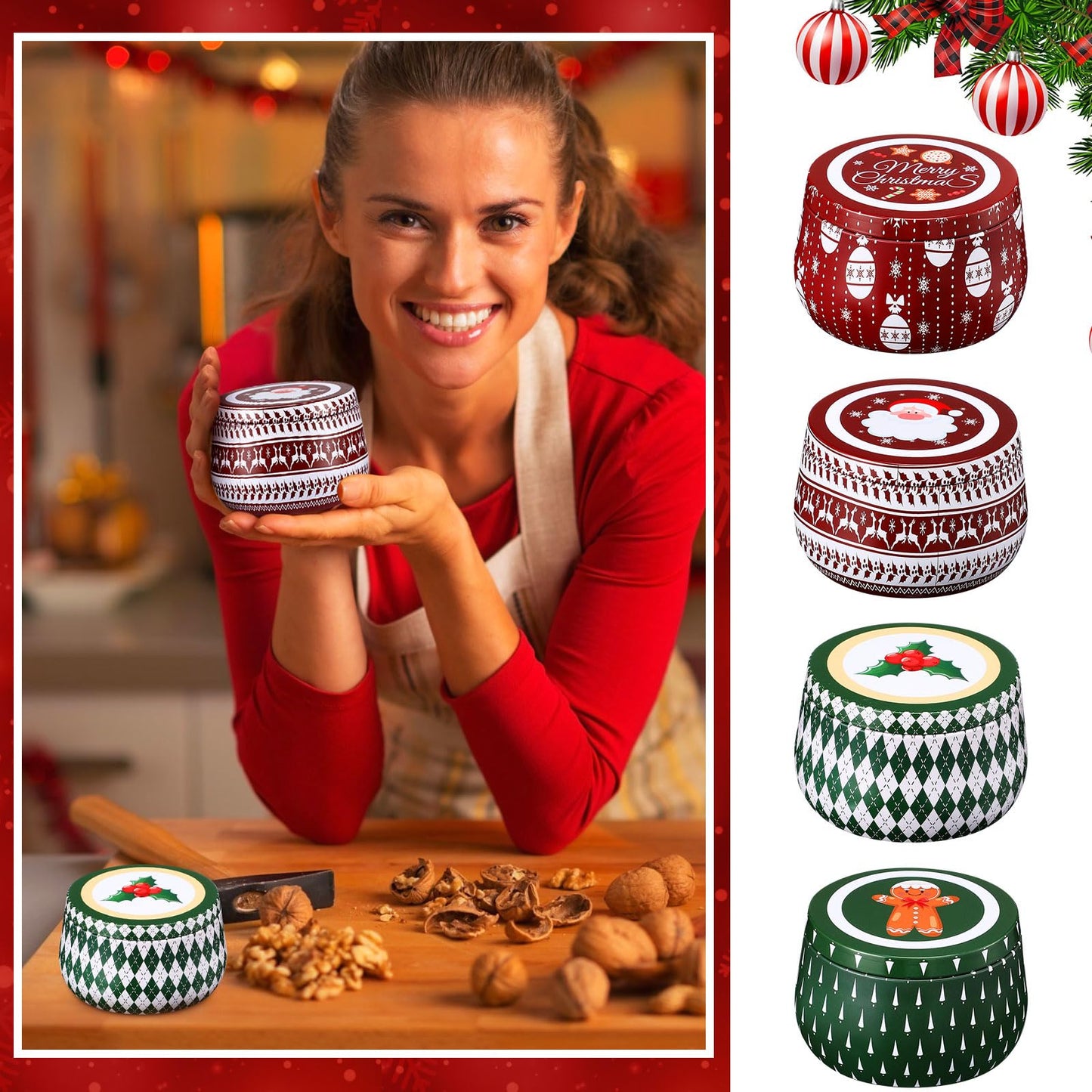 Yungyan Christmas Candle Tin Cans Set Metal Candles Tin Gifts Jars with Lids 8 oz Christmas Cookie Tins Candle Containers for Storing Biscuits Tea Party Favors(24 Pcs)