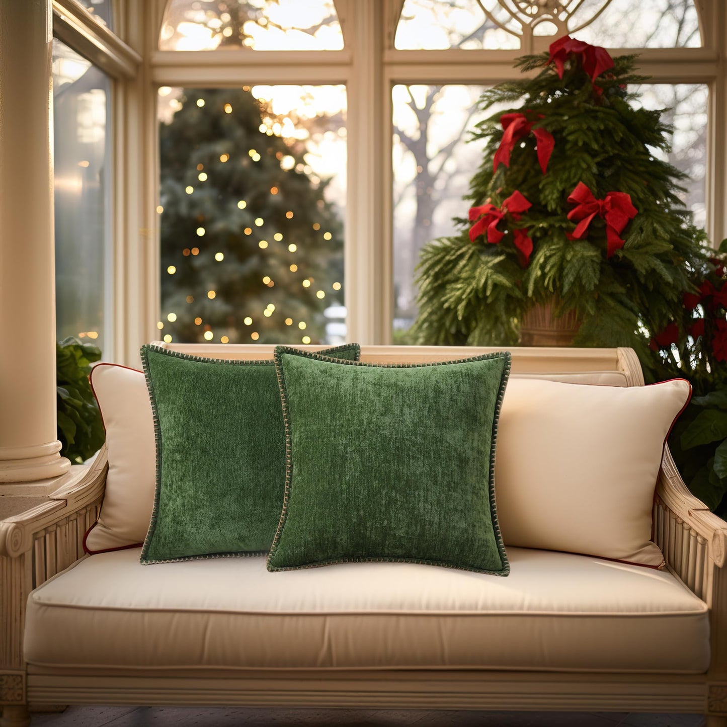 decorUhome Christmas Chenille Soft Throw Pillow Covers 18x18 Set of 2, Farmhouse Velvet Neutral Decorative Euro Fall Pillow Covers with Stitched Edge for Couch Sofa Bed Home Decor, Forest Elf