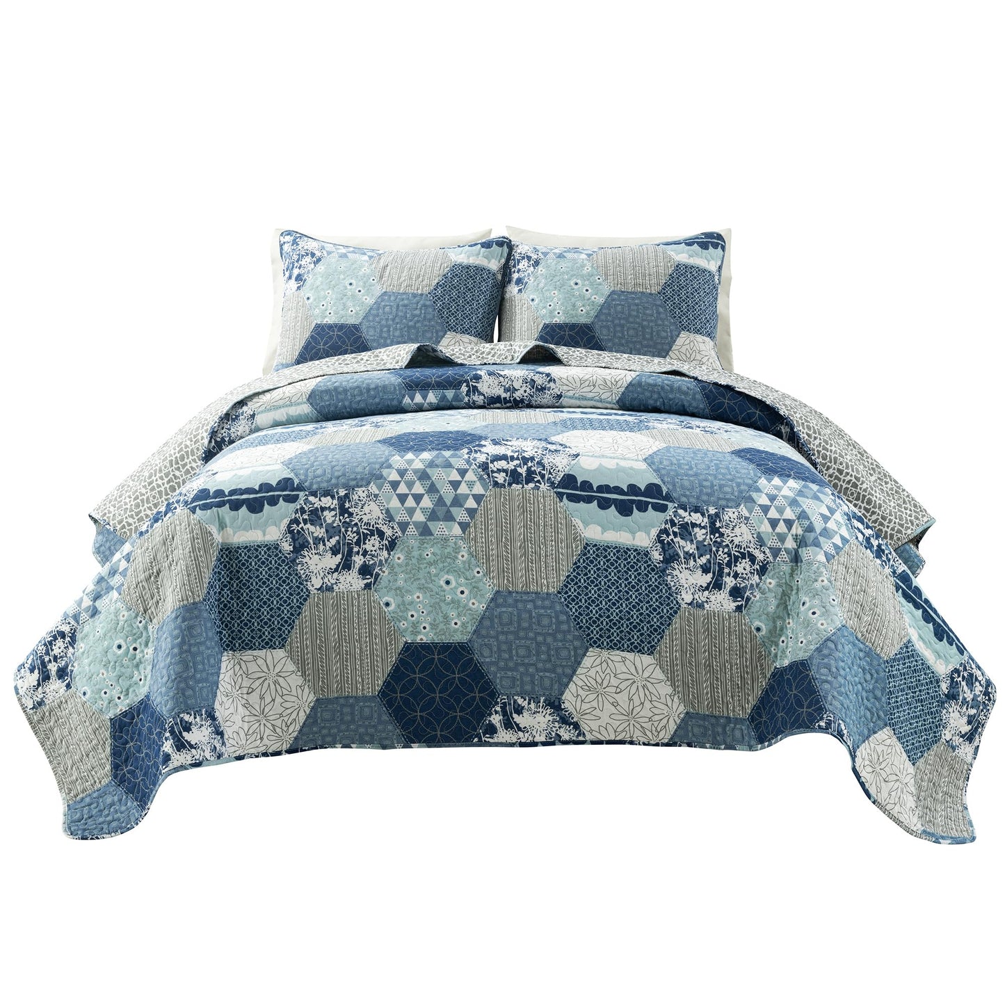 Lush Decor Briley Reversible Cotton Quilt Queen Size 3 Piece Set Full/Queen Dusty Blue - Bedding Set Queen Quilt - Patchwork Quilts - Country Decor