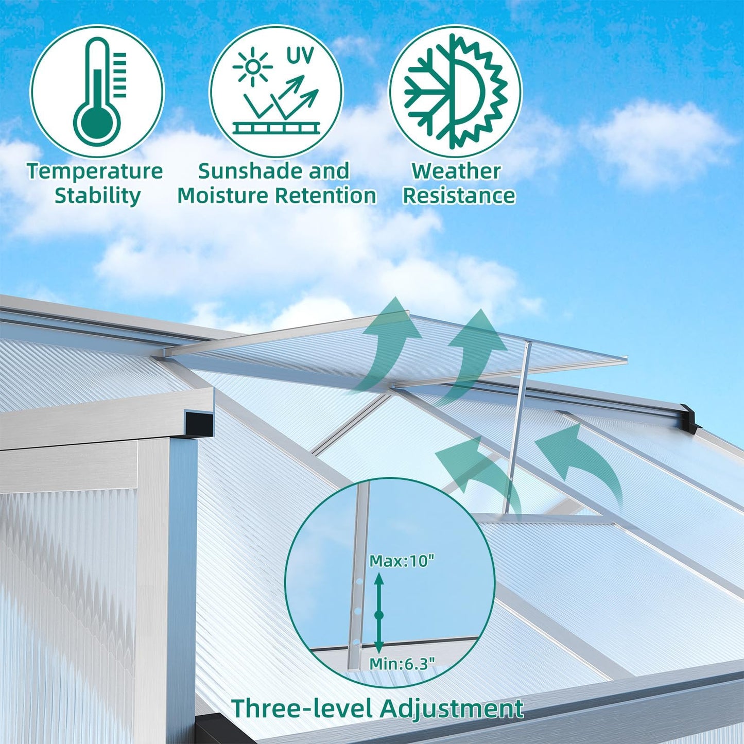Greenhouse, Aluminum Frame & Polycarbonate Panel Greenhouse for Outdoors, Green House with Adjustable Roof Vent & Lockable Door, Durable Walk-in Green Houses for Backyard, Patio, Lawn
