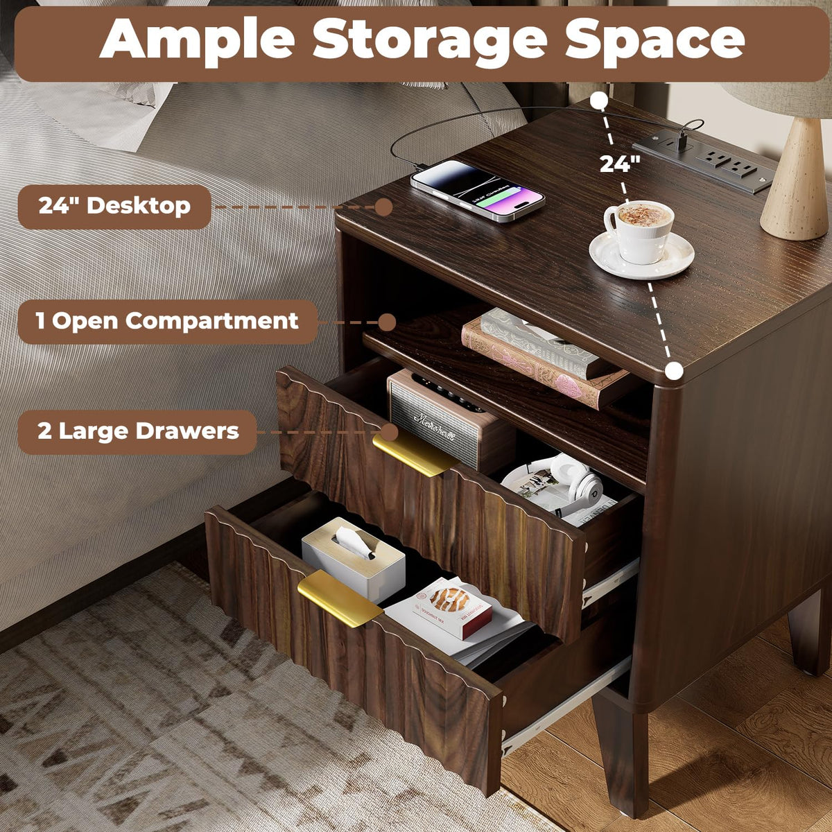 Fluted Nightstand with Charging Station, Modern Bedside Table with 2 Drawers, End Table with Open Storage for Bedroom, Living Room, Walnut