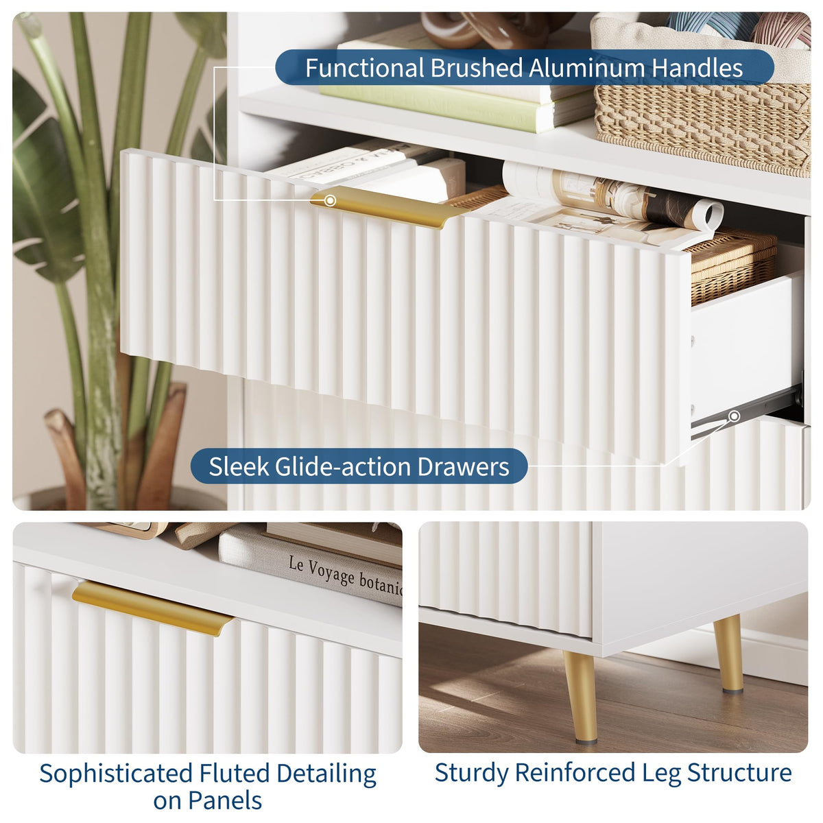 IDEALHOUSE 6 Drawer Fluted Dresser for Bedroom, 47.2" Wide Modern Chest of Drawers with Metal Handles, Wooden TV Stand, Storage Organizer for Closet, Living Room, Hallway, White
